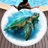 Lofaris Coastal Sea Turtle Blue Ocean Round Beach Towel